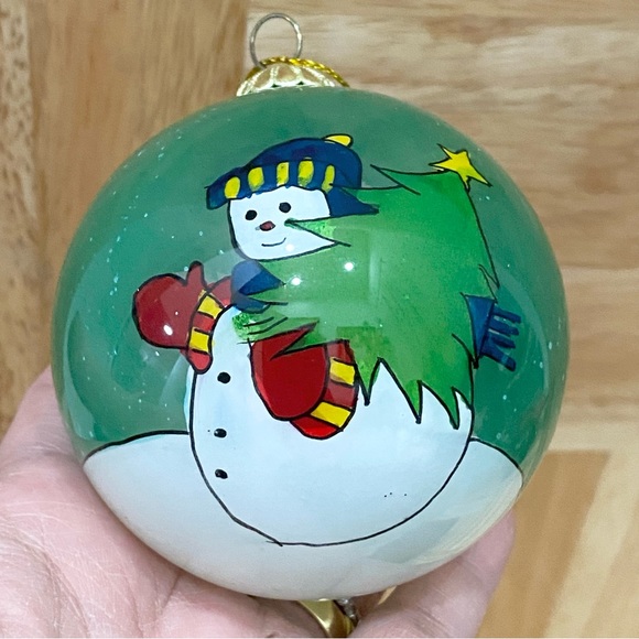 Retired Li Bien Green Snowman Carrying Christmas Tree Glass Ornament - Picture 6 of 7